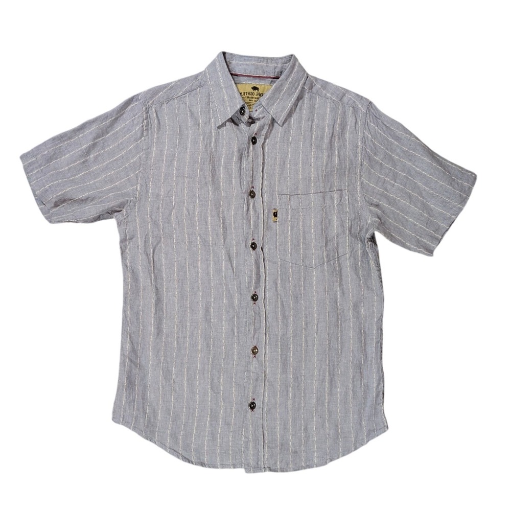 Buffalo Jackson Button Down Mens Small Grey Stripe Linen Short Sleeve‎ Shirt